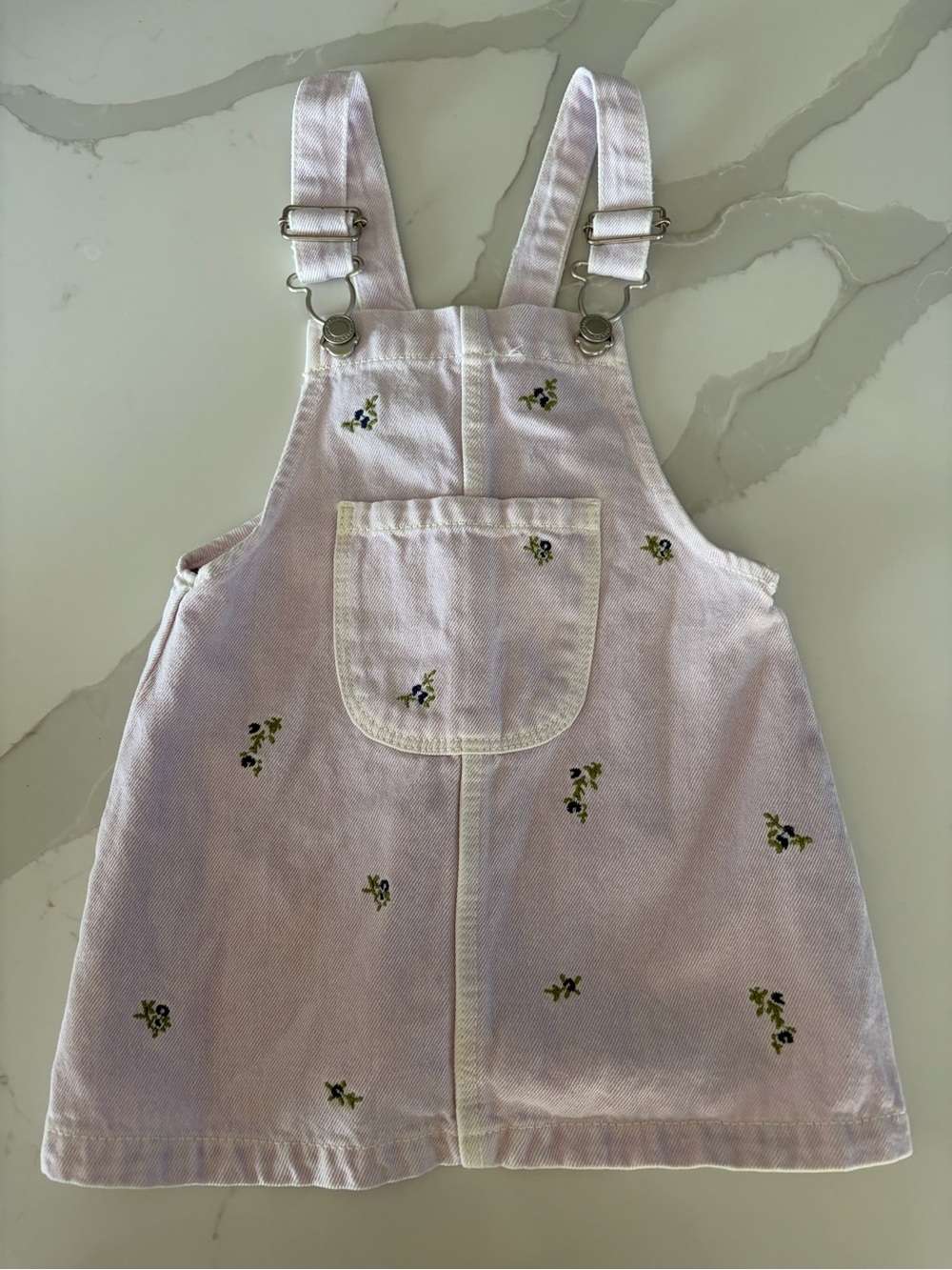 ZARA Girls Floral Embroidered Pocket  Purple Violet Denim Overall Dress 12-18M